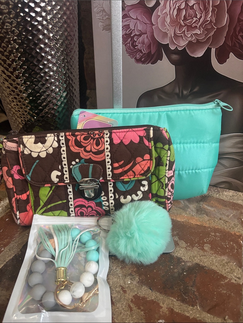 Vera Bradley Floral Quilted Wristlet w/ bag charm and cosmetic bag bundle - Picture 2 of 6